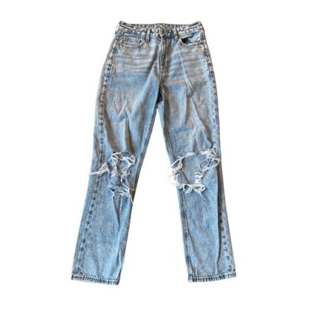 American Eagle AE Strigid Ripped Mom Jean Light Blue Wash Denim Distressed 4 Lon